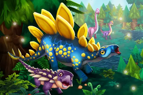 blau gelber und lilaner Dino im Wald