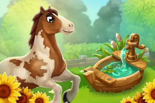 Braun-Weißes Pferd mit Brunnen 