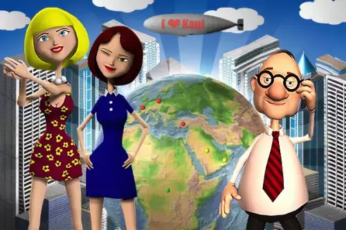 blonde und braunhaarige Sekräterin und Chef mit Weltkugel im Hintergrund