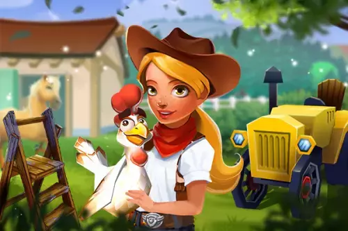 Farmerin mit Cowboyhut und Huhn auf dem Arm