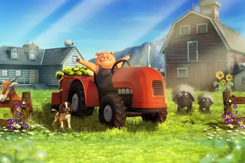 Schwein auf rotem Traktor vor einem Bauernhof