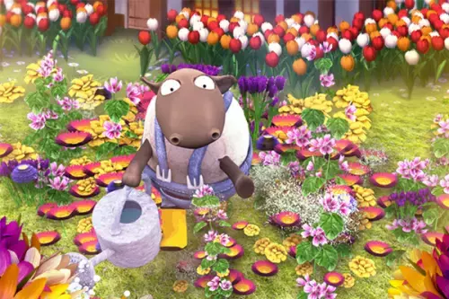 Schaf mit Latzhose gießt bunte Blumen