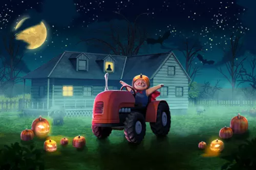 Schwein auf rotem Traktor mit Kürbismütze