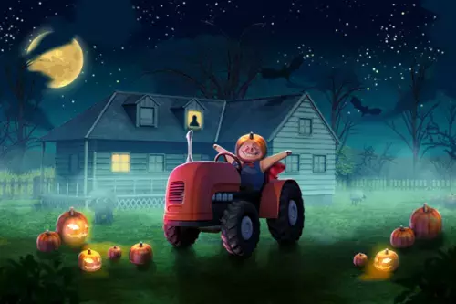 Schwein auf rotem Traktor mit Kürbismütze