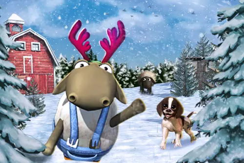 Schaf mit Rentiergeweih und Hund im Schnee