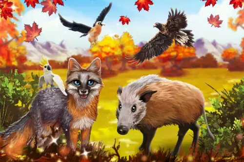 Fuchs und Wildschwein vor herbstlichem Hintergrund