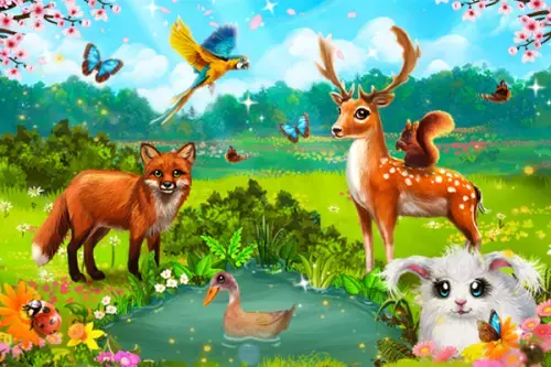 Fuchs, Hirsch, Papagei und Hase auf einer Frühlingswiese
