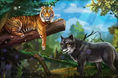 Tiger liegt auf dem Baumstamm und Wolf steht daneben