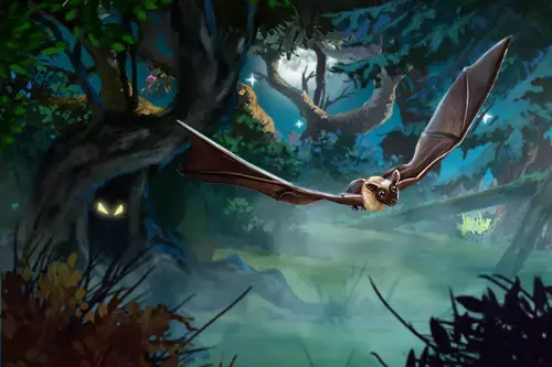 Fledermaus fliegt in der Nacht durch den Wald