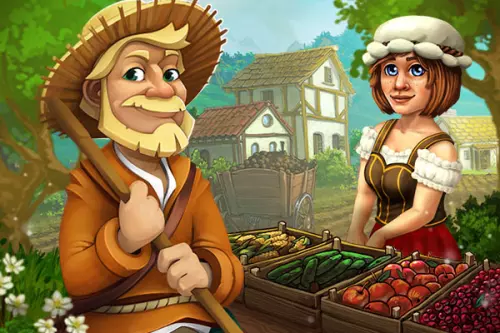 Farmer und Bäuerin am Obststand im Mittelalter