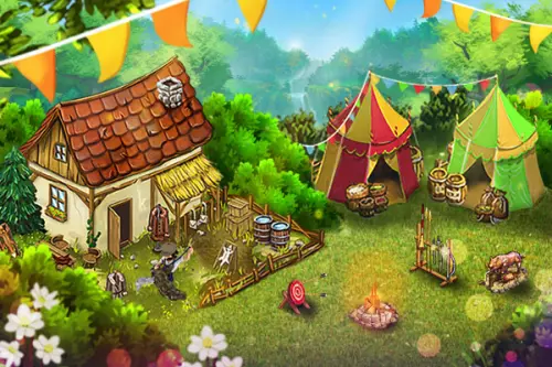 My Little Farmies mobile - Hütte mit Vorgarten und zwei kleine Zirkuszelte