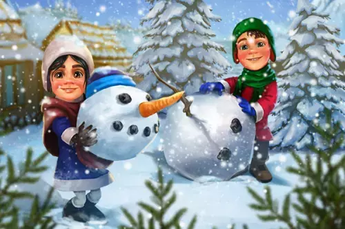 My Little Farmies mobile - zwei Kinder beim Schneemann bauen