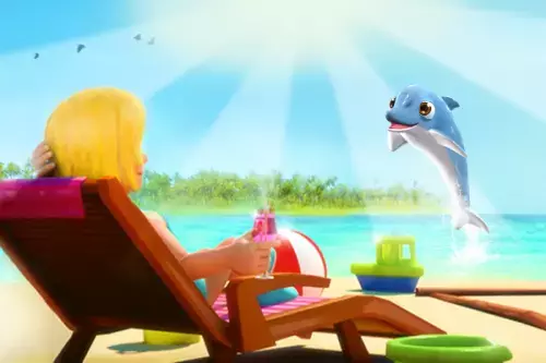 Frau auf einer Liege mit springendem Delfin im Hintergrund