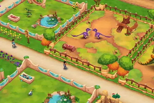 Drie verblijven in een dinosauruspark met verschillende dinosaurussoorten en decoraties