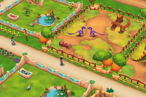 drei Gehege in einem Dino Park mit unterschiedlichen Dino Arten und Dekorationen