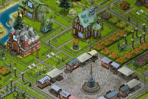 Bild von einer Stadt von oben mit viel grün und Marktplatz