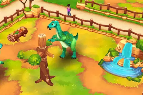 türkiser Dino im Gehege am Spielen