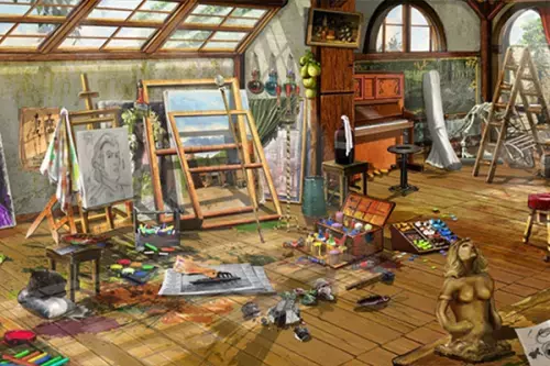 Wimmelbild eines Ateliers