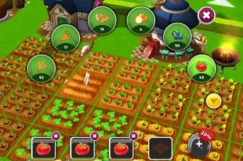 Farm Spiel: Bepflanztes Feld mit Karotten, Kartoffeln, Tomaten und Beeren