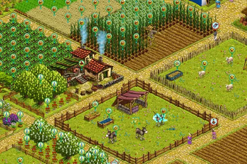 bepflanzte Felder, Gehege mit Esel und Schafen - Draufsicht auf eine Mittelalterliche Farm