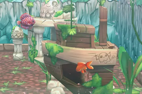 Acquario con due pesci, decorazioni e piante