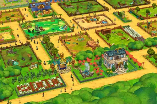 Zoo Spiel: Zoo Ansicht von oben mit Gehegen und Tieren