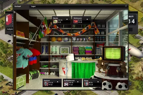 Szurkolói bolt pólókkal, sapkákkal és televízióval