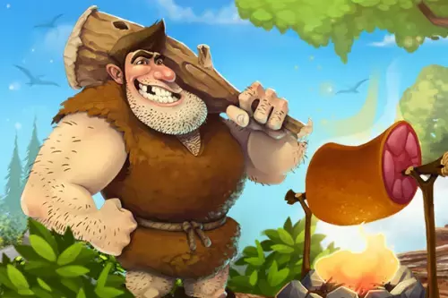 Steinzeit Mann mit Keule und Feuerstelle im Hintergrund