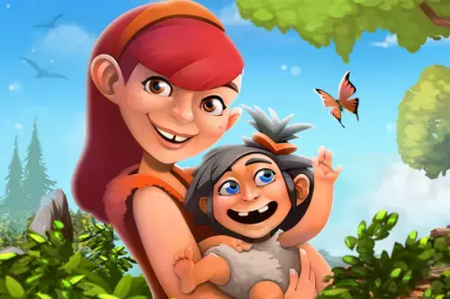 Steinzeitfrau mit Baby auf dem Arm