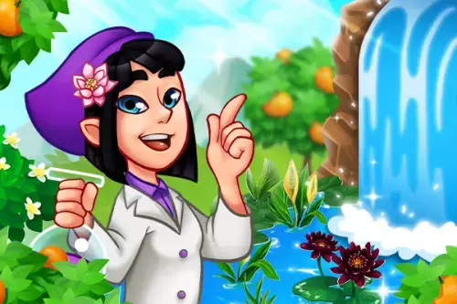 Frau mit lila Hut und Wasserfall im Hintergrund