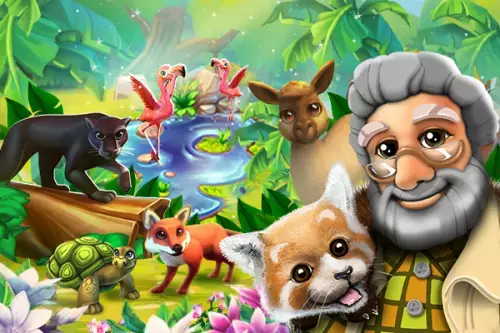 verschiedene Tiere um einen Teich, vorne rechts ein Tierpfleger mit einem roten Panda