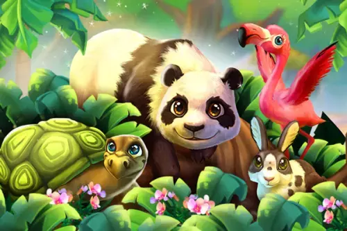 Schildkröte, Panda, Flamingo und Hase im Grünen