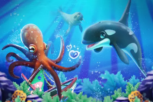 Krake, Walross und Belugawal unter Wasser