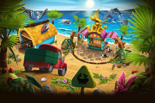 Zoo Eingang am Strand, im Hintergrund Meer und springende Delfine