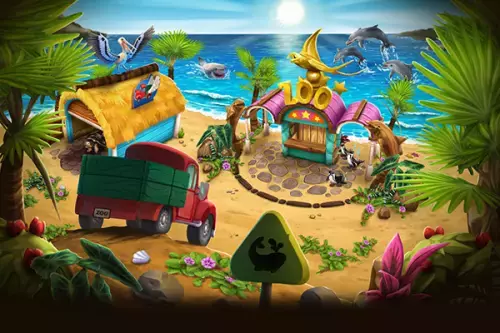 Zoo Eingang am Strand, im Hintergrund Meer und springende Delfine