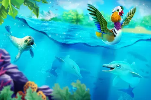 Walross und Delfine im Meer, eine Mandarinente auf den Wellen