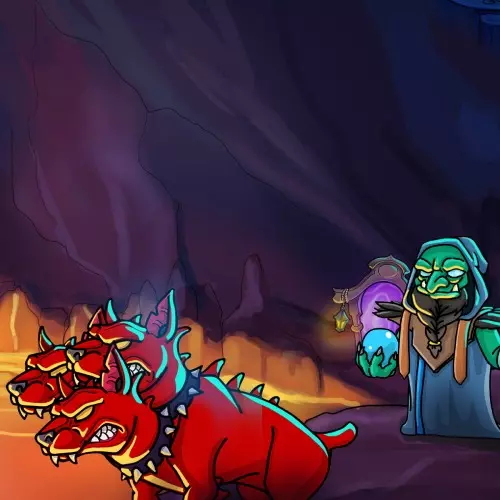 Dreiköpfiger Hund und Ork im Hintergrund