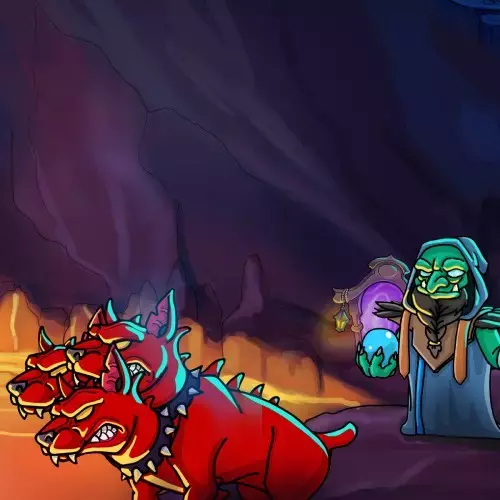 Dreiköpfiger Hund und Ork im Hintergrund