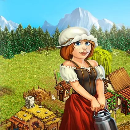 Frau aus dem Mittelalter-Dorf im Grünen mit Bergen im Hintergrund