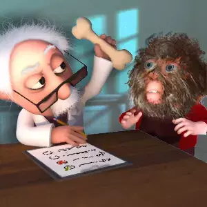 Chefarzt mit Knochen in der Hand und Patient mit Haaren im Gesicht