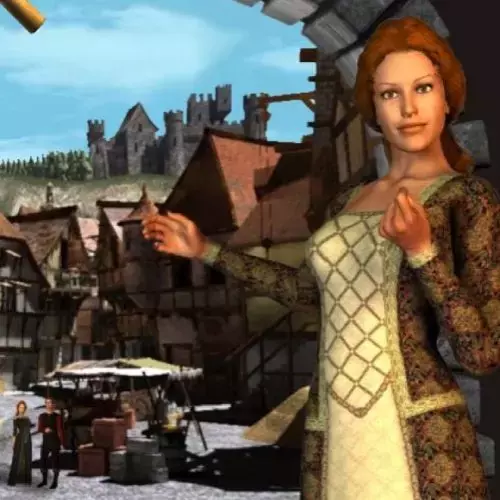 Frau steht vor mittelalterlichem Marktplatz