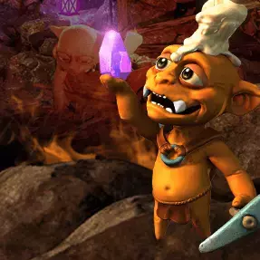 Goblin mit Kerze auf dem Kopf und lila Diamant in der Hand